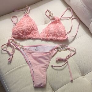 SHEIN Light Pink Floral Bikini with Pearl Accents